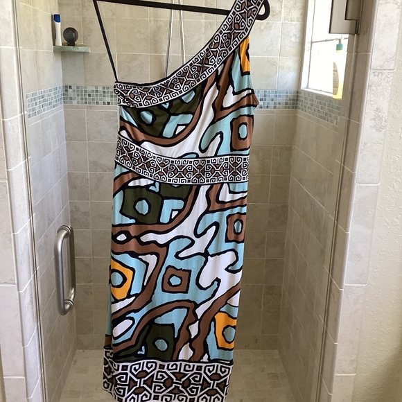 Diane von Furstenberg Silk Jersey One Shoulder Bodycon Midi Dress Graphic Print - Picture 7 of 8